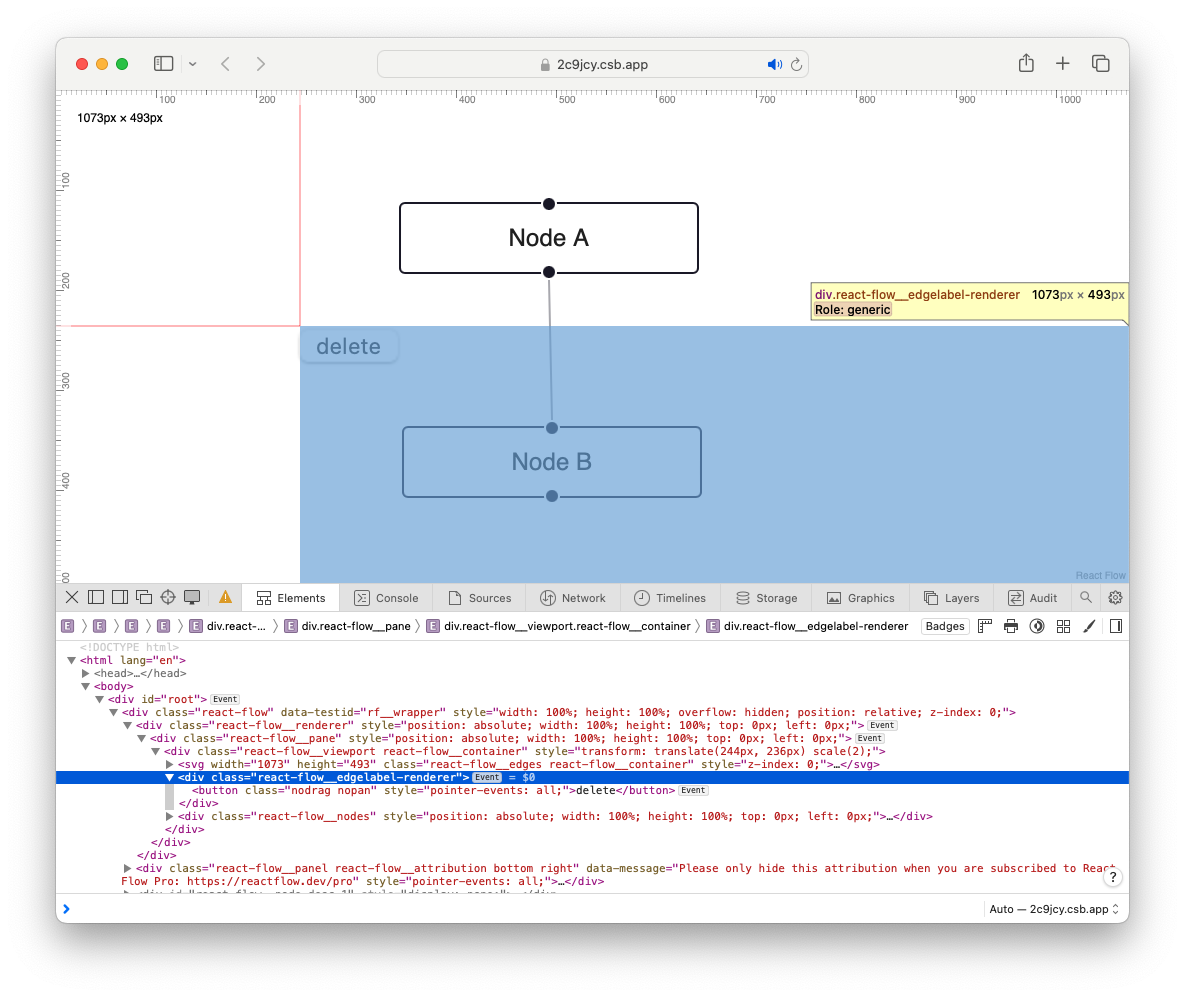 A screen shot of a simple flow. The edge label renderer is highlighted in the DOM inspector and the button is rendered in the centre of the flow.